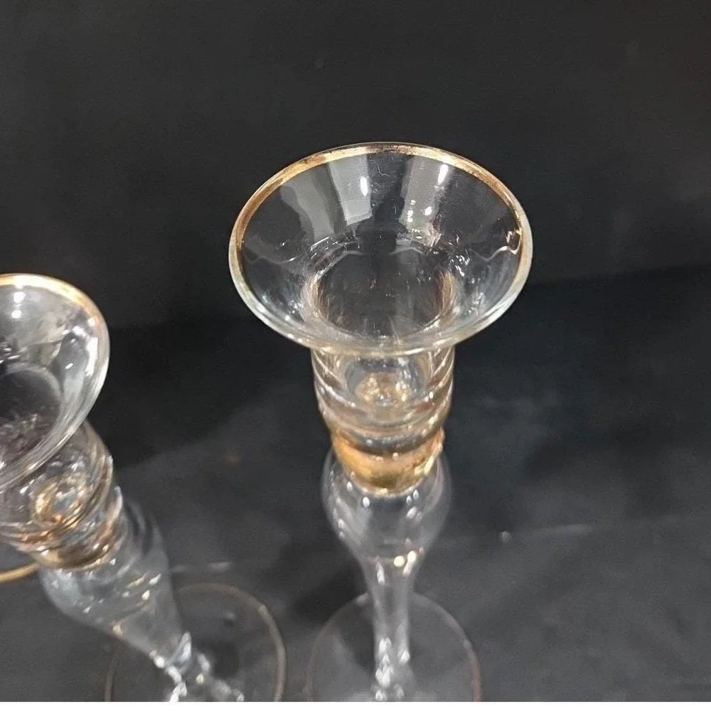 Long-Stemmed Fluted Glass Candlestick Holders, Set of 3 Vintage Gold-Rim Holiday